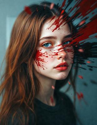 The primary subject of the image is a woman with red hair. She is wearing a black shirt and has a red substance on her face, which appears to be blood. The setting is indoors, with a door visible in the background. The visual style is a close-up of the woman's face, and the colors and mood are dark and dramatic.